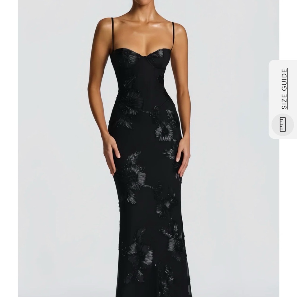 Théoline Black Floral Appliqué Corset Maxi Dress